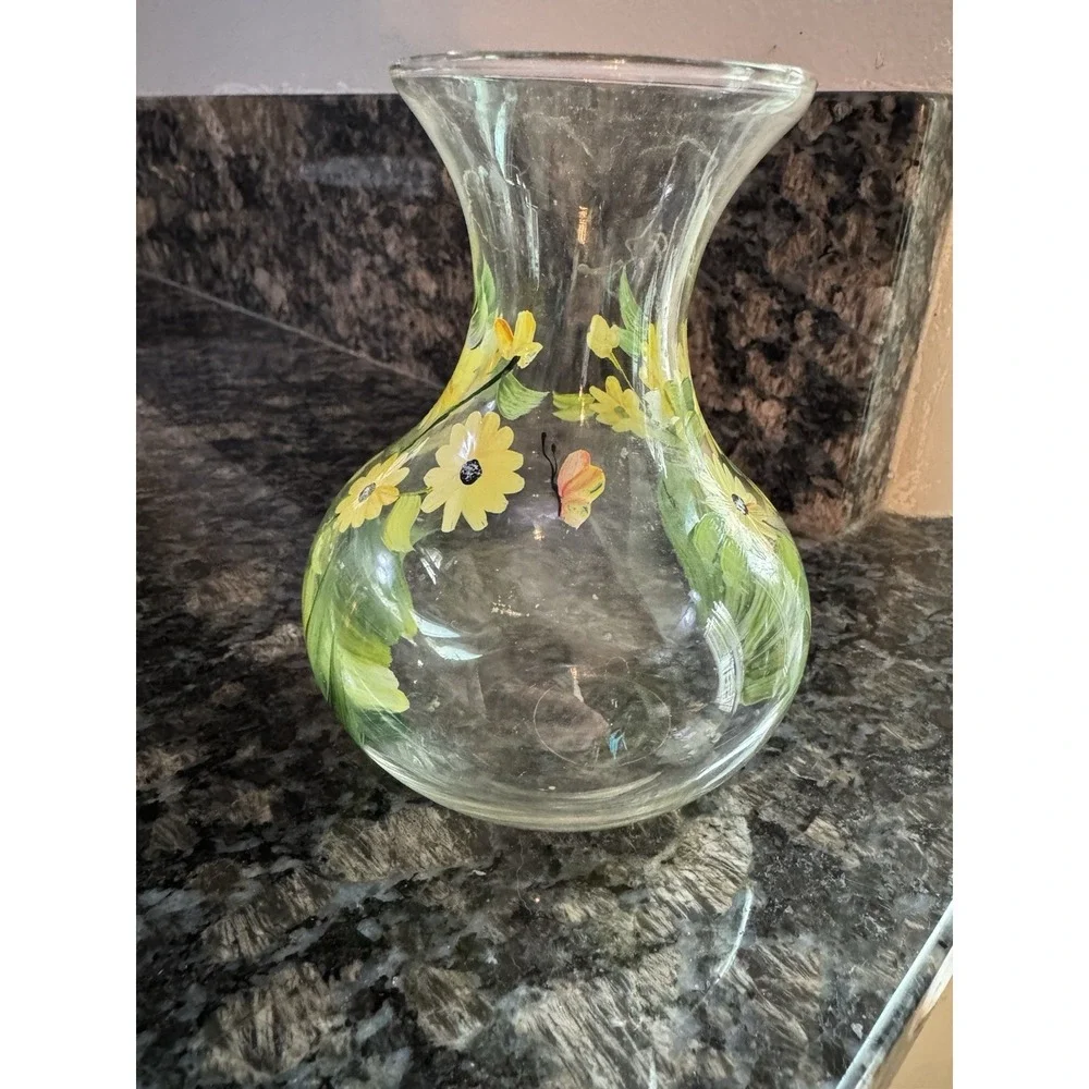 Glass Vase Hand Painted By CHRISTINA‎ SCHNEIDER - 2001 Cute Floral Daisy